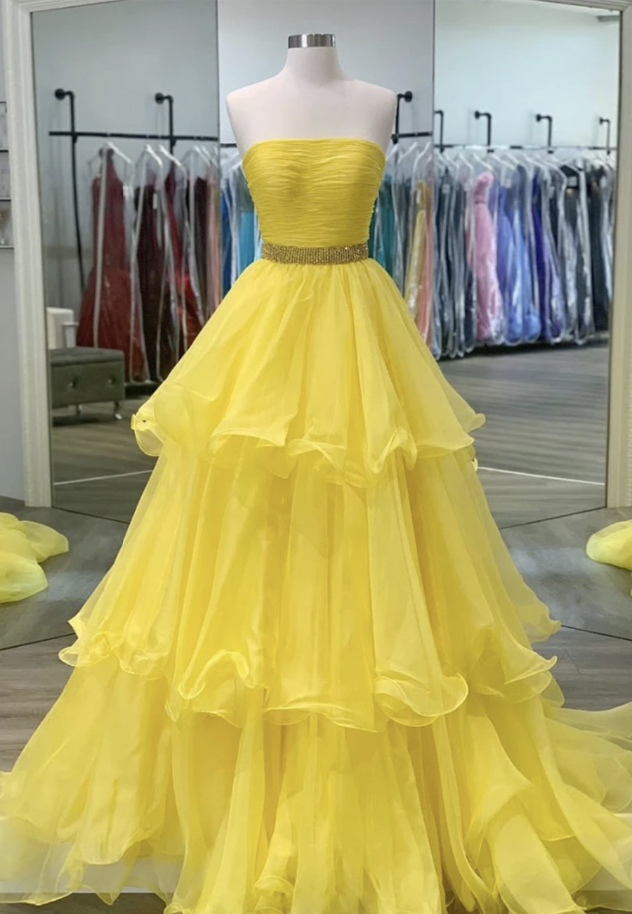 Yellow Tulle Long Strapless Prom Dress Yellow Evening Dress