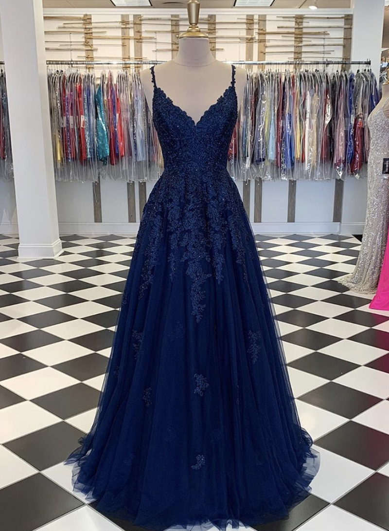 Blue V Neck Tulle Lace Long Prom Dress Evening Dress