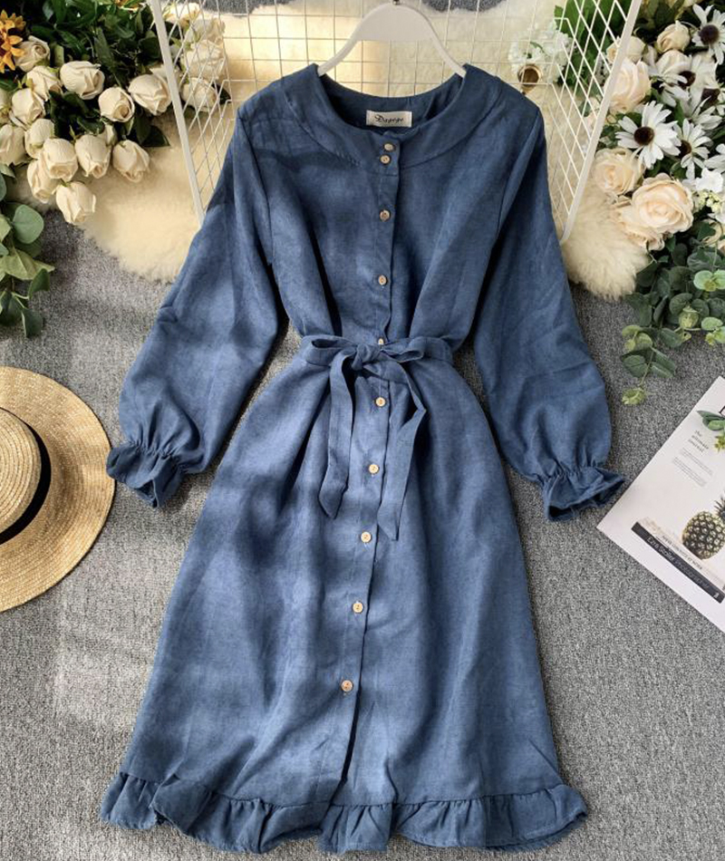 Button Down Puff Sleeve Ruffle Hem Dress