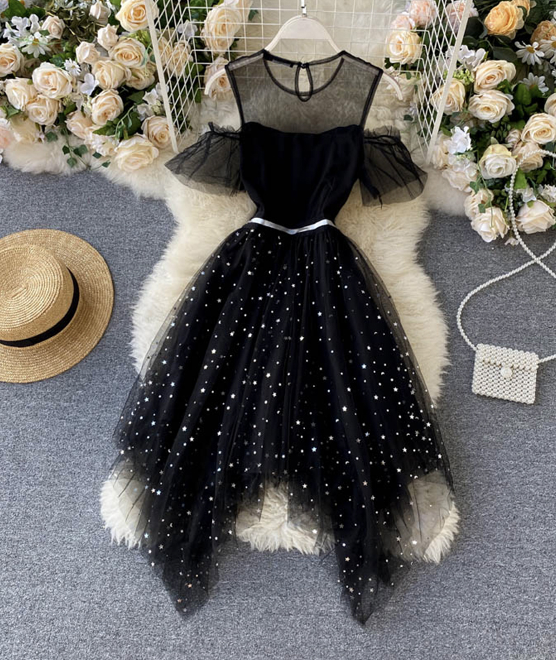 Black Irregular Short Tulle Dress With Mesh Neckline And Sleeves