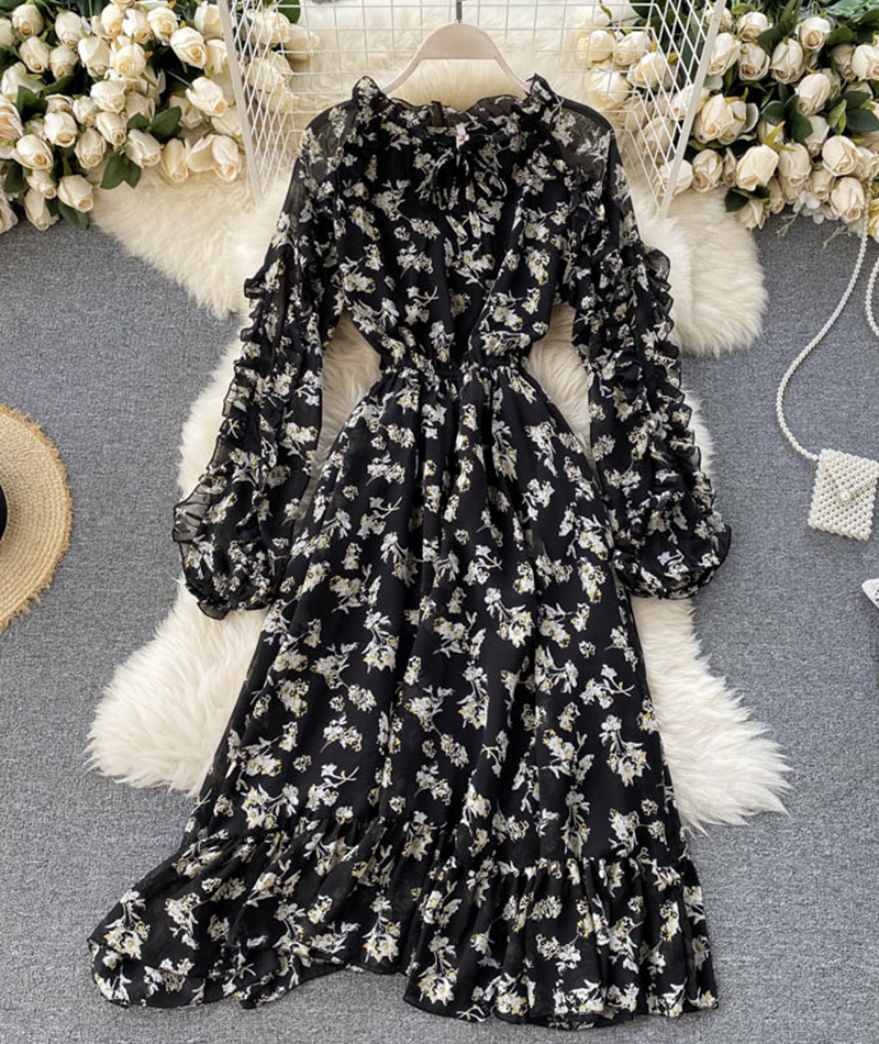Black Print Long Sleeves Dress Simple Chiffon Dress