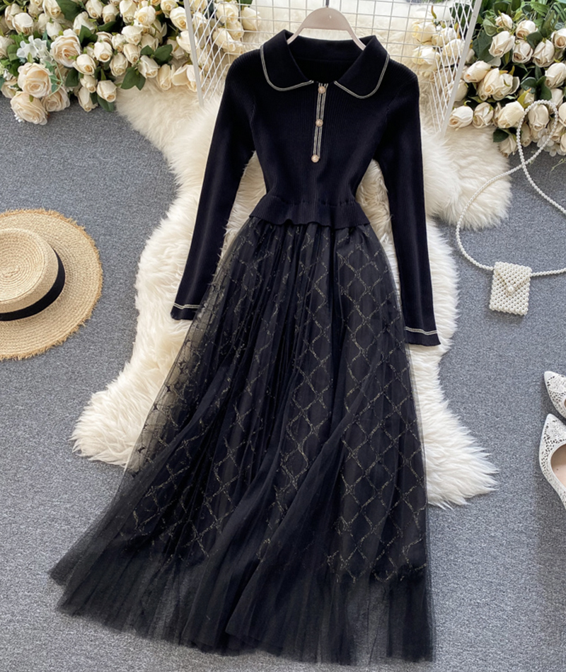 Elegant Knitted Tulle Splicing Dress