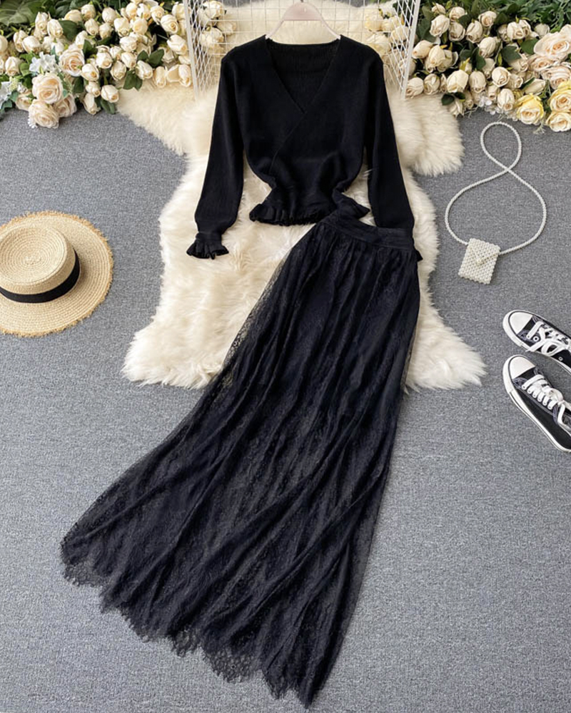 Elegant black long-sleeved sweater + lace skirt