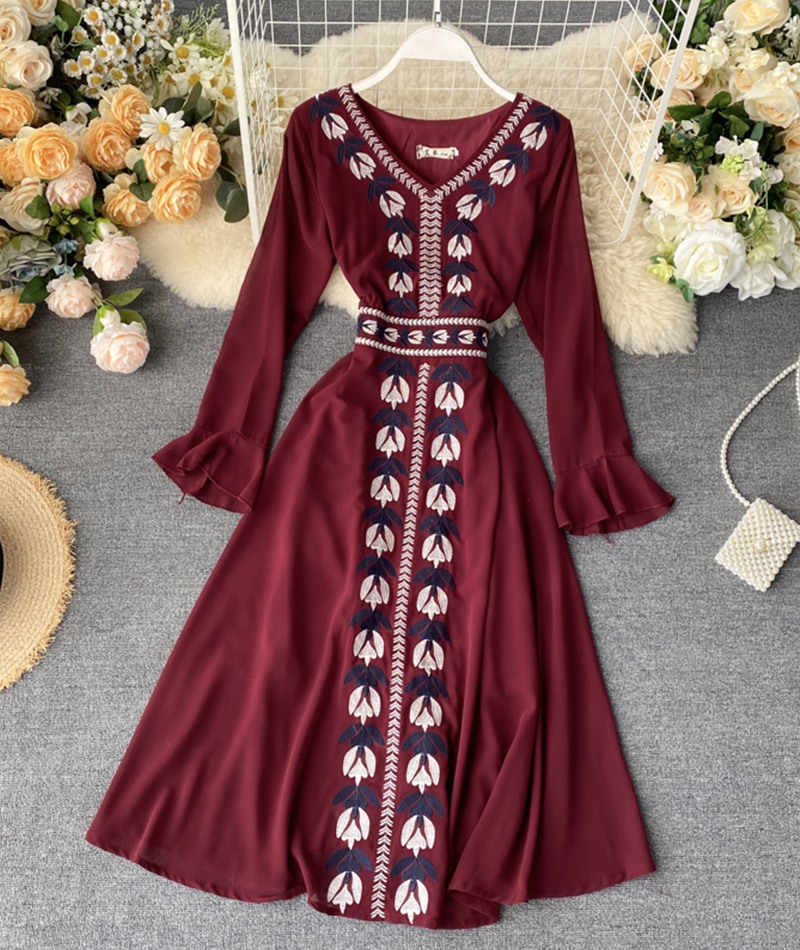 Stylish A Line Embroidery Dress V Neck Chiffon Dress