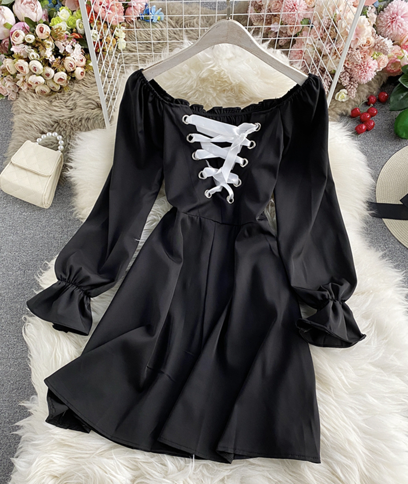 Black Long Sleeve Lace Up Dress