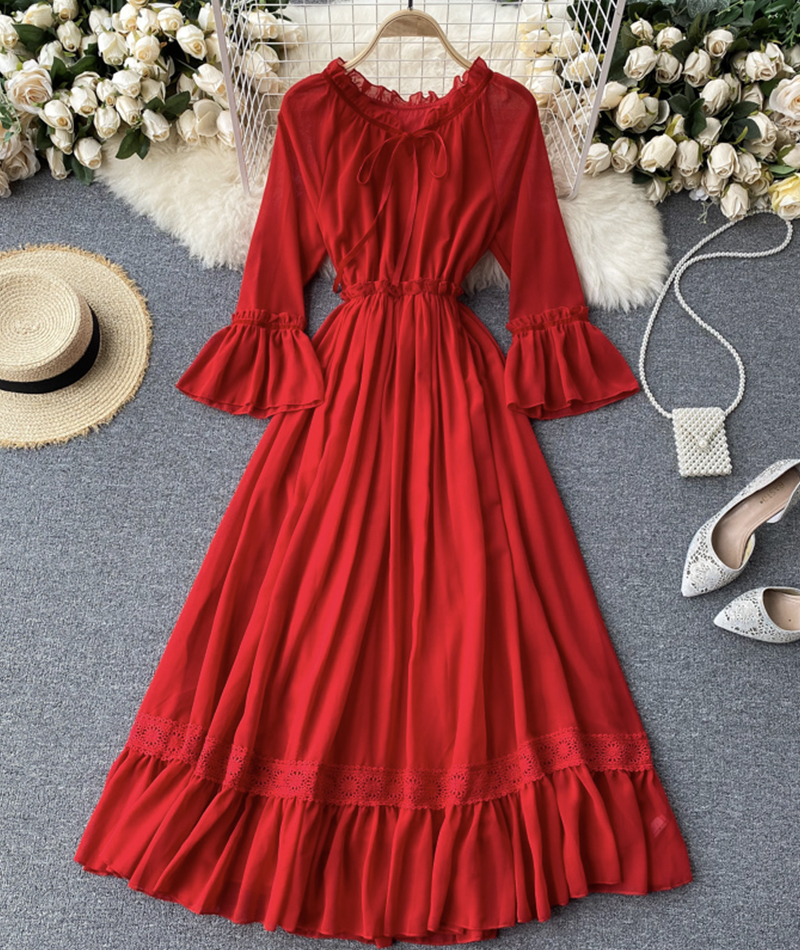 Red Chiffon Lace Dress Red A Line Dress
