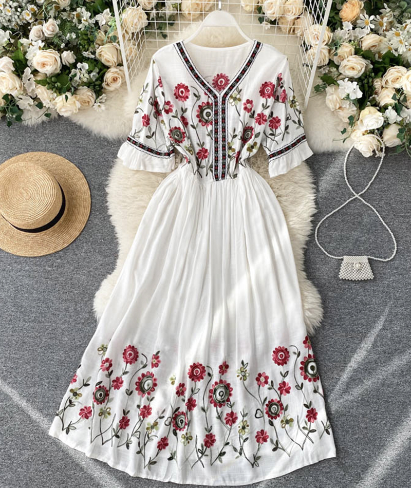 A Line V Neck Embroidery Dress