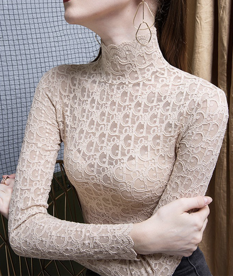 Stylish Lace Long-sleeved Bottoming Shirt See Through Top