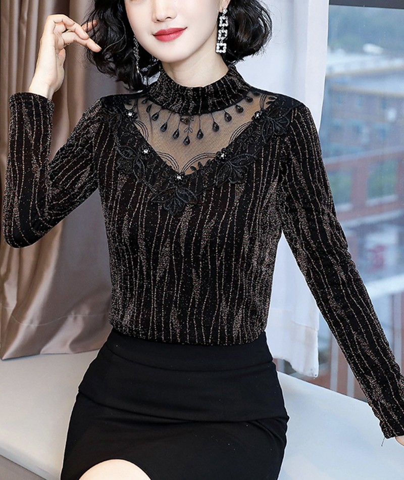 Stylish Sequins See Through Tops Plus Fleece Warm Bottoming Shirt
