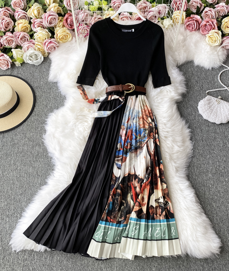 A Line Knitted Patchwork Dress Printed Dress