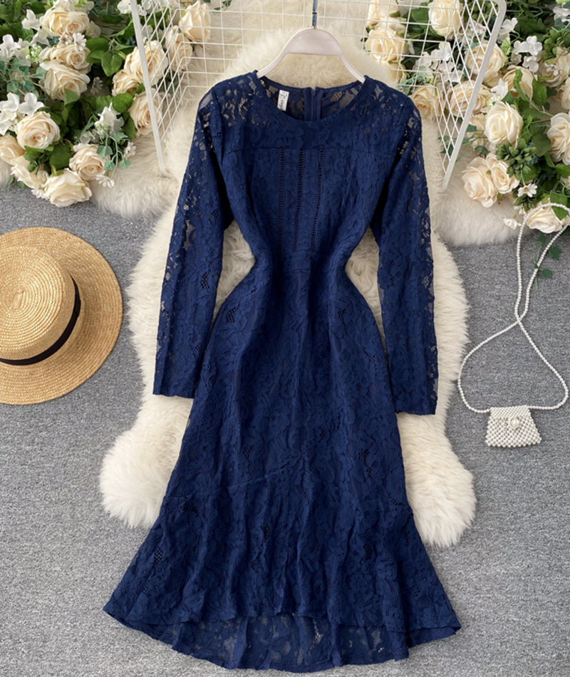 Blue Round Neck Lace Short Dress Long Sleeve Dress
