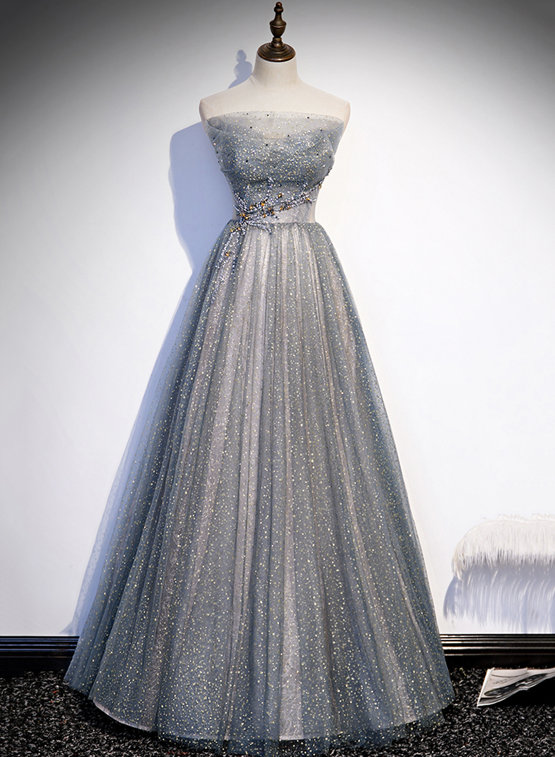 Gray Tulle Beads Long Prom Dress Shiny Evening Dress