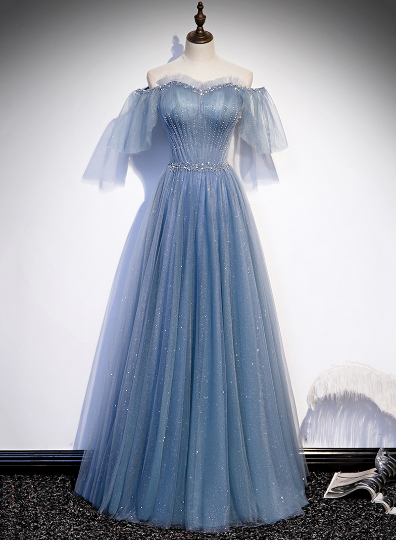High Quality Tulle Beads Long Prom Dress Blue Evening Dress