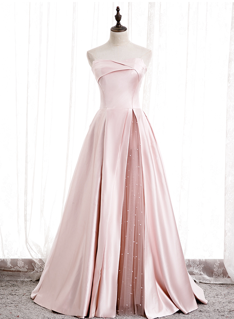 Pink Satin Long Strapless Prom Dress Evening Dress