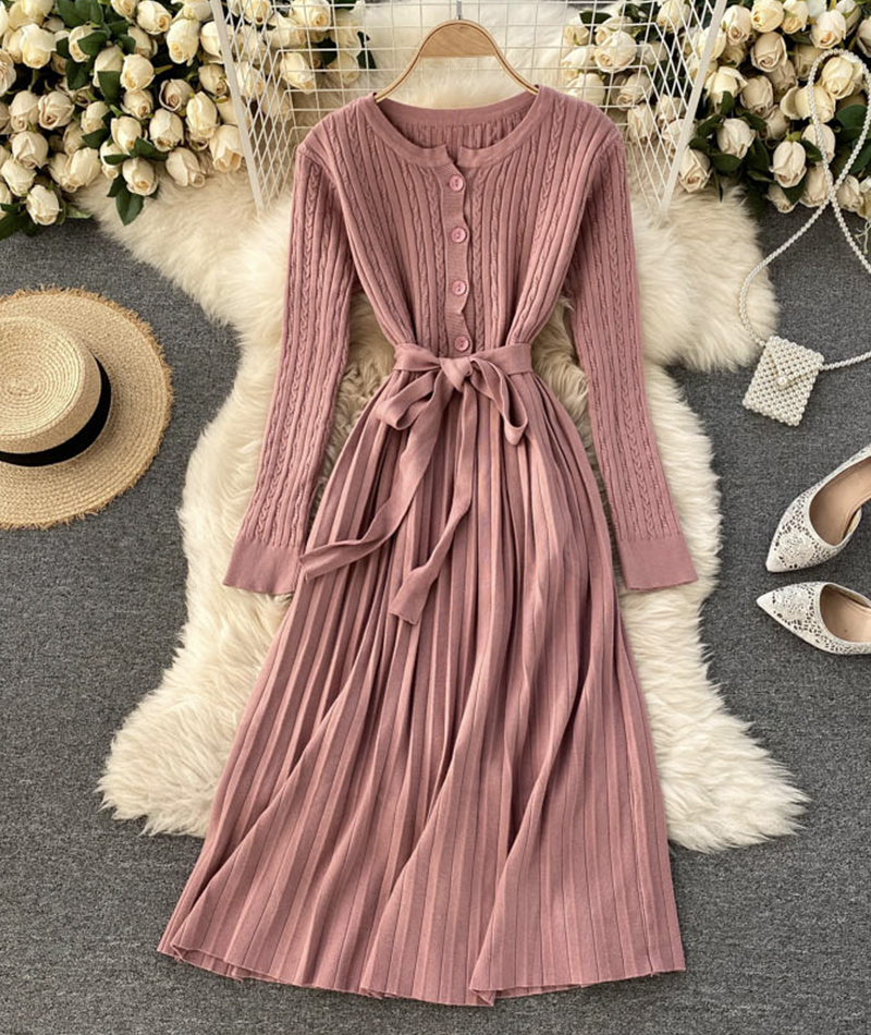 Simple Long Sleeve Knitted Dress Sweater Dress