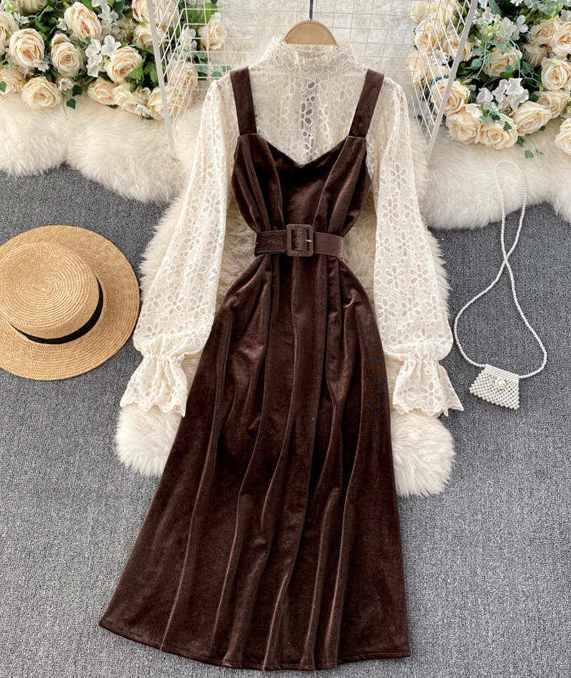 Stylish Lace Velvet Long Sleeve Dress Fashion Dress