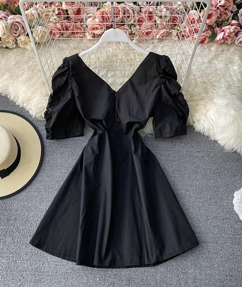 Simple A Line Short Dress Black V Neck Dress