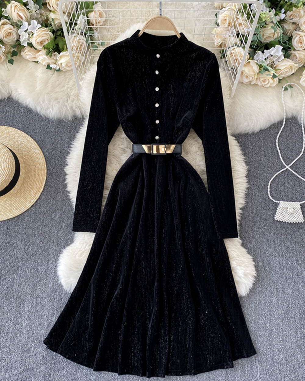 Elegant A Line Velvet Dress Long Sleeve Dress
