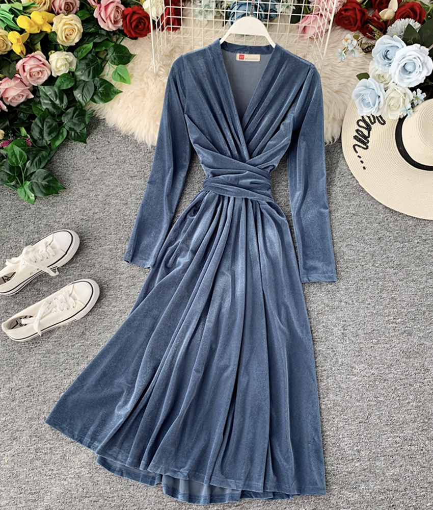 V-Neck Long Sleeve Velvet Dress