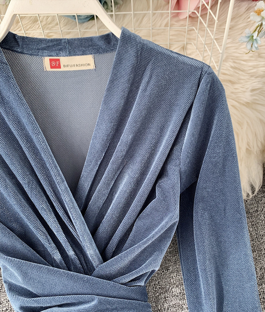 Long Velvet V-neck Dresses with V Back Slate Blue Plus Size