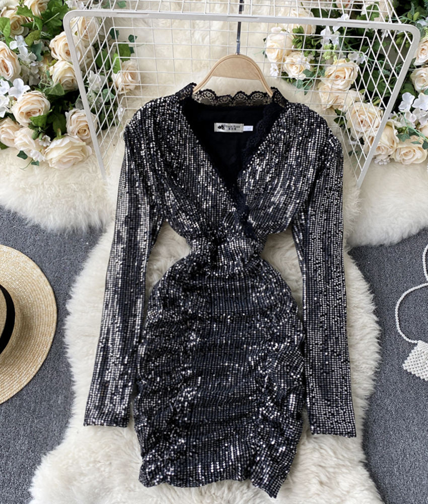 Stylish v neck sequins short dress party dress