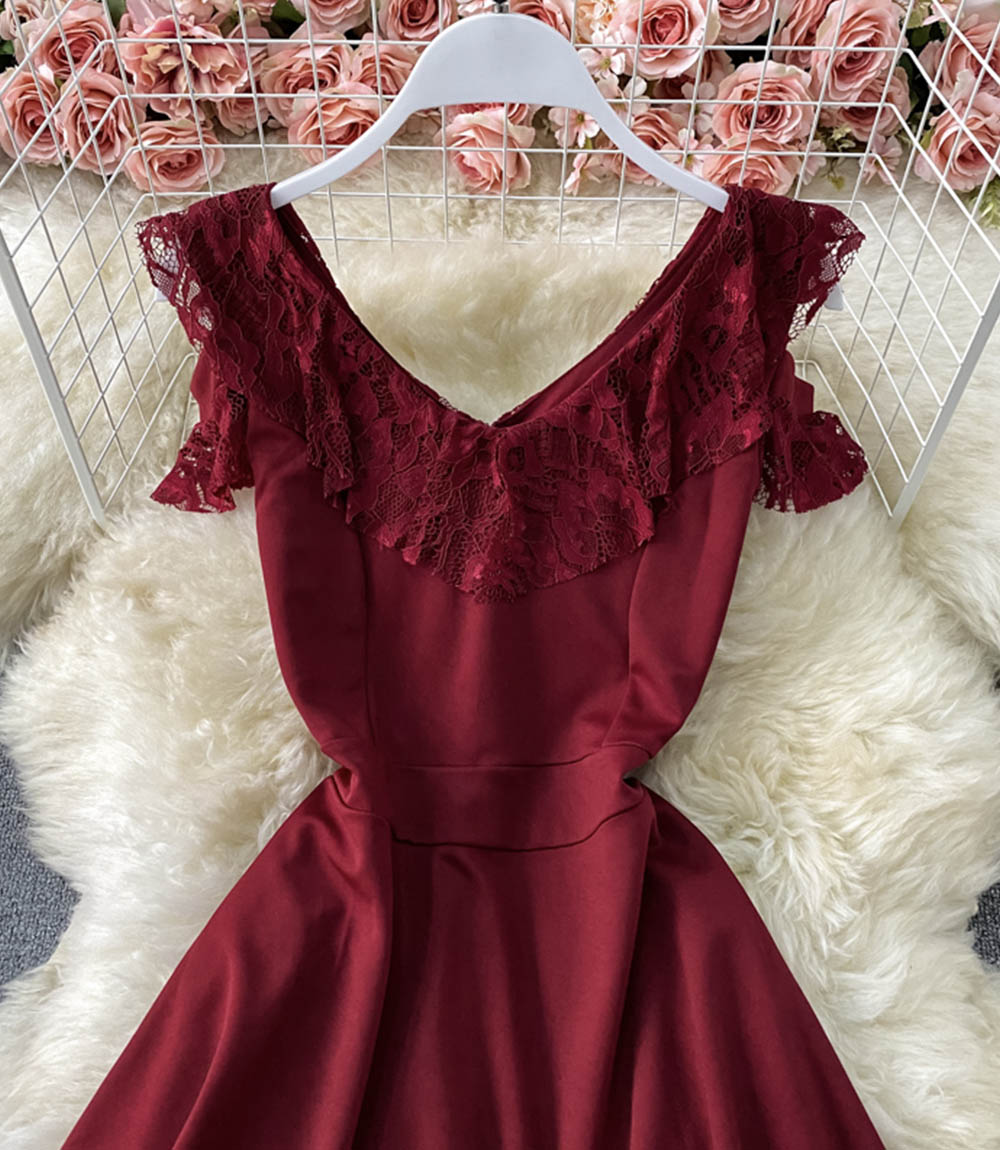 red v neck short dress Rosette V-neck Sleeveless Fit And Flare Mini Dress With Pockets