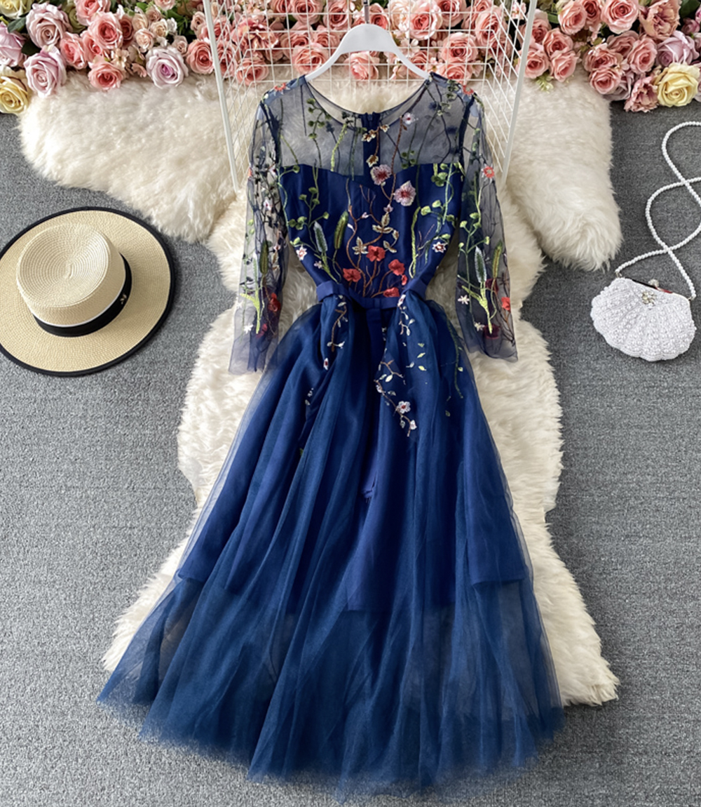 Blue A Line Tulle Dress Blue Embroidery Dress