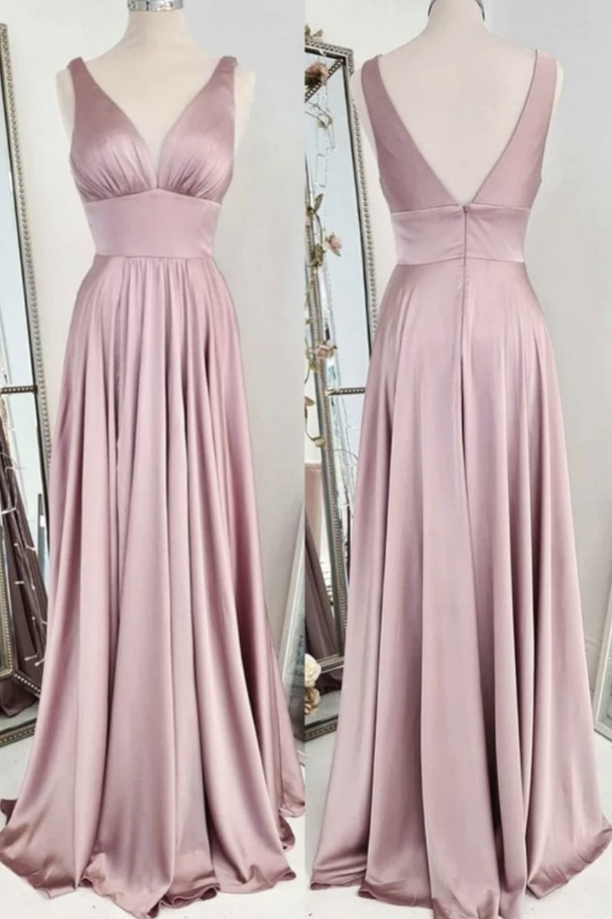 SIMPLE V NECK SATIN LONG PROM DRESS, EVENING DRESS,DS4114 main image 0