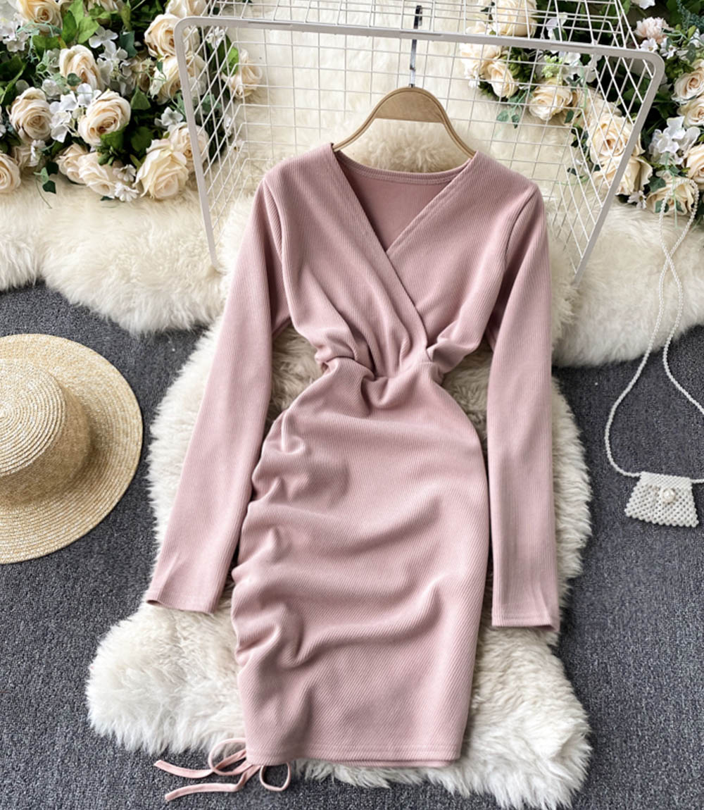 Stylish v neck long sleeve dress short dress