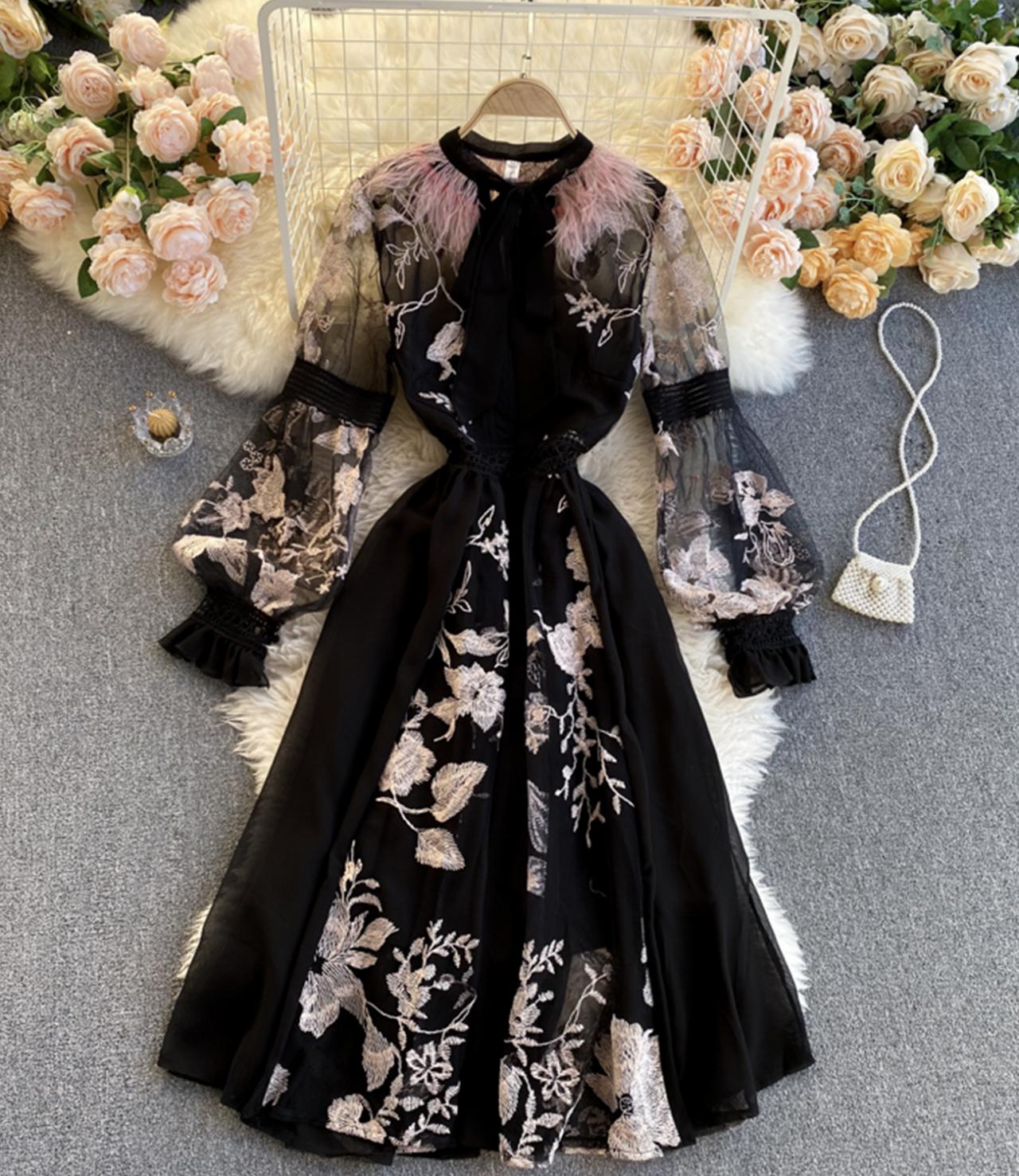 Unique A Line Embroidery Dress Black Dress