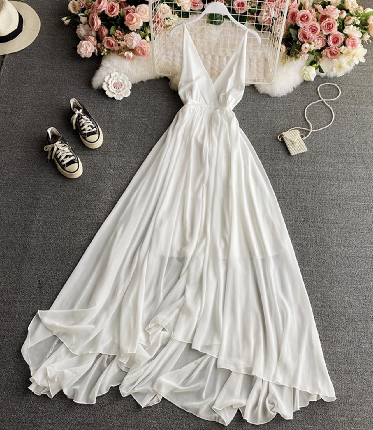 Simple A Line Chiffon Dress White V Neck Dress