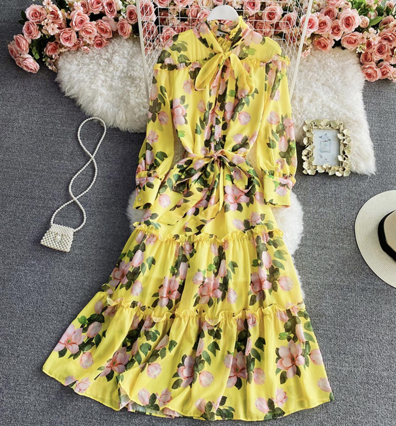 Yellow A Line Floral Dress