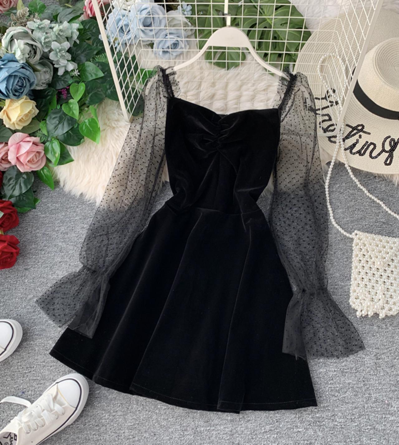 Black Velvet Short Dress Long Sleeve Dress