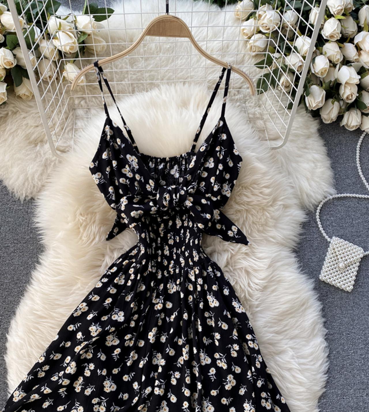 Black A Line Floral Dress With Bow on Luulla