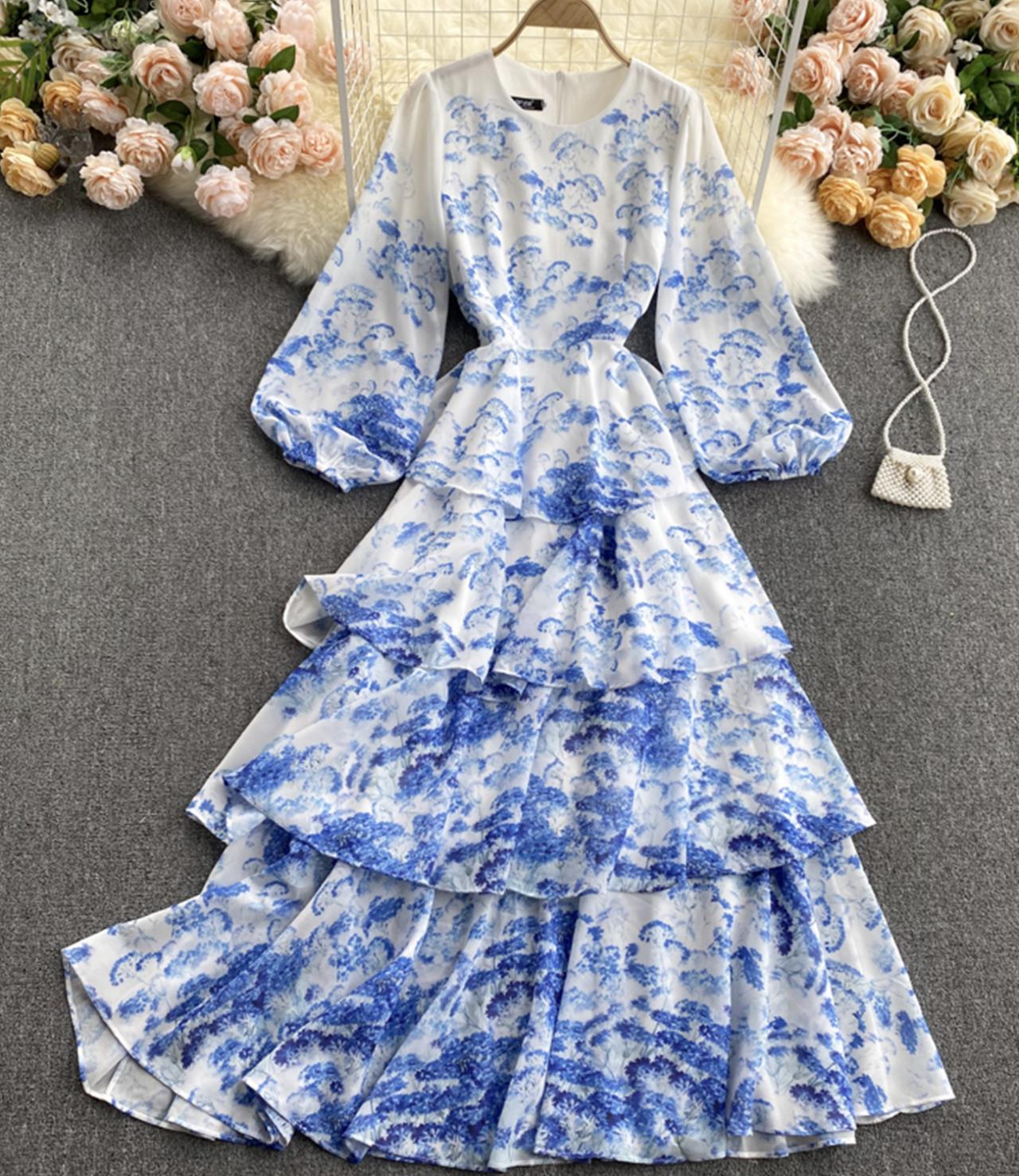 Cute Round Neck Long Sleeve Dress Blue Floral Pattern Dress