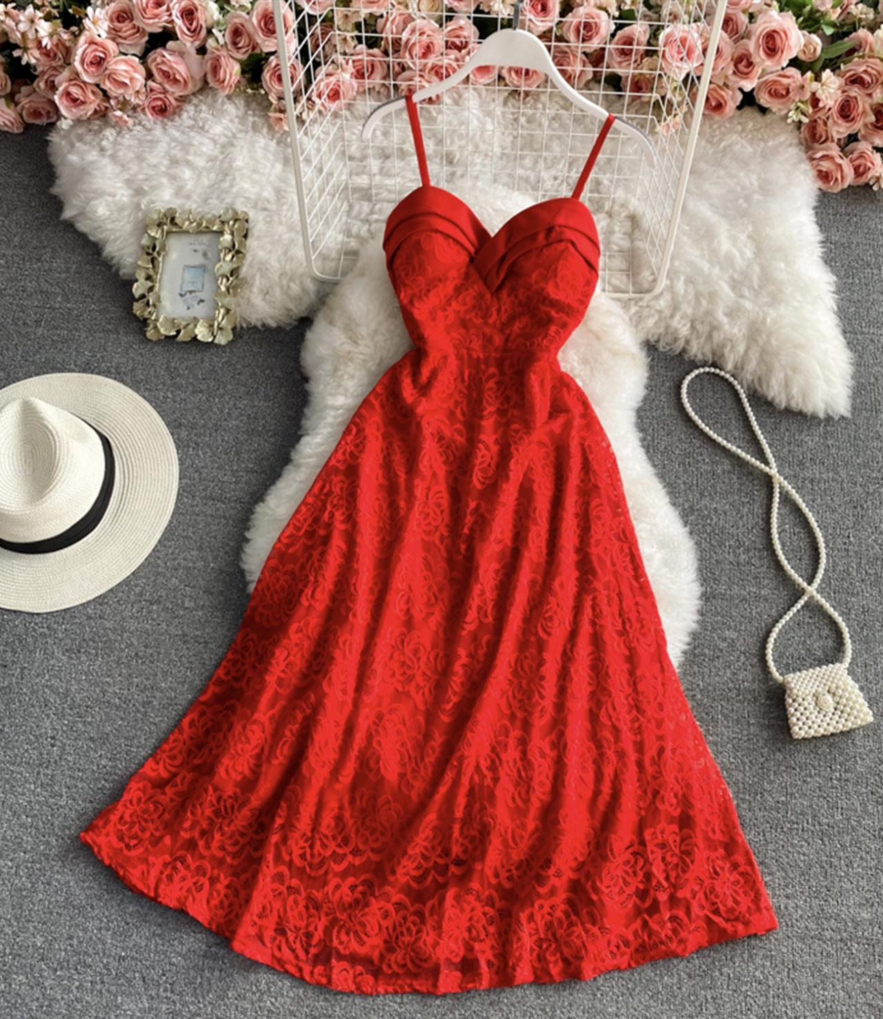 Red Lace Short A Line Dress Fashion Girl Dress