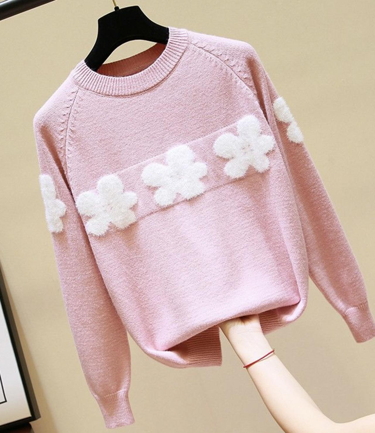 Sweet Round Neck Flower Sweater