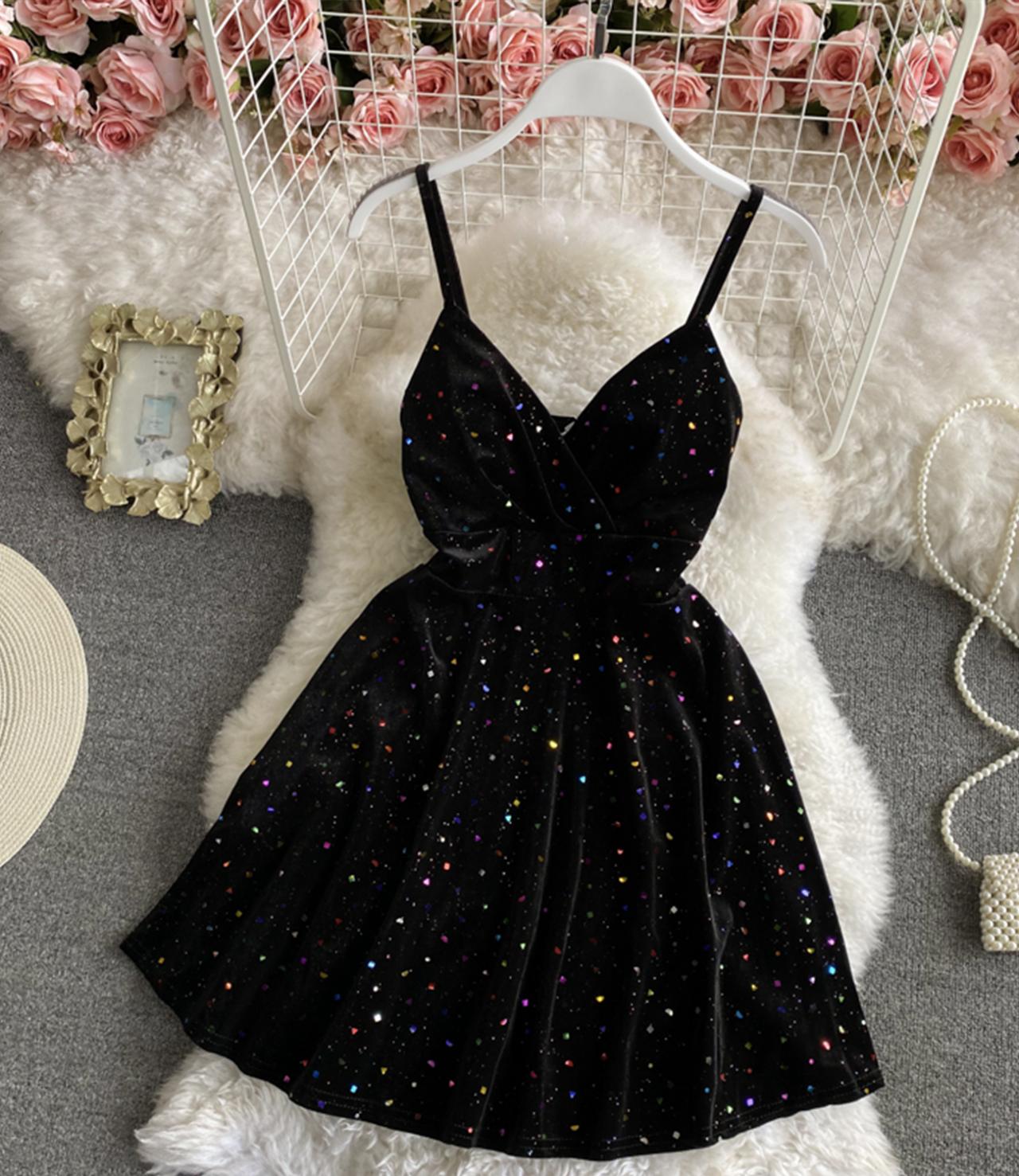 Black velvet short dress A line mini dress