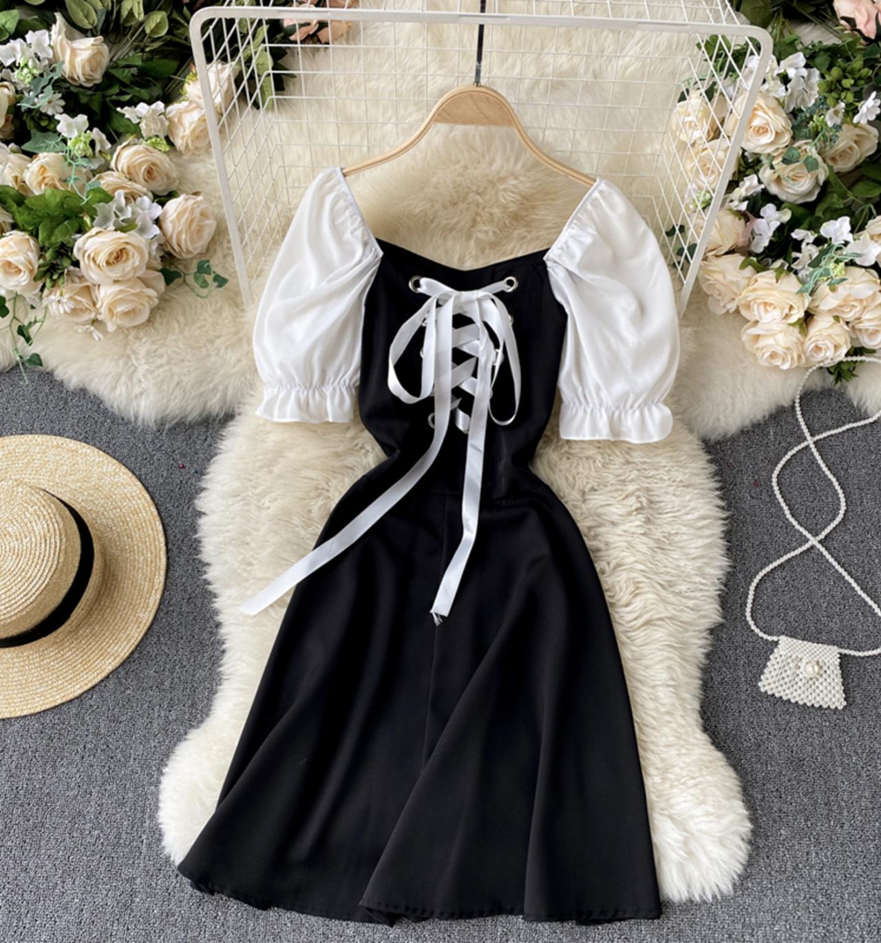 Black Lace Up Short Dress A Line Fashion Dress