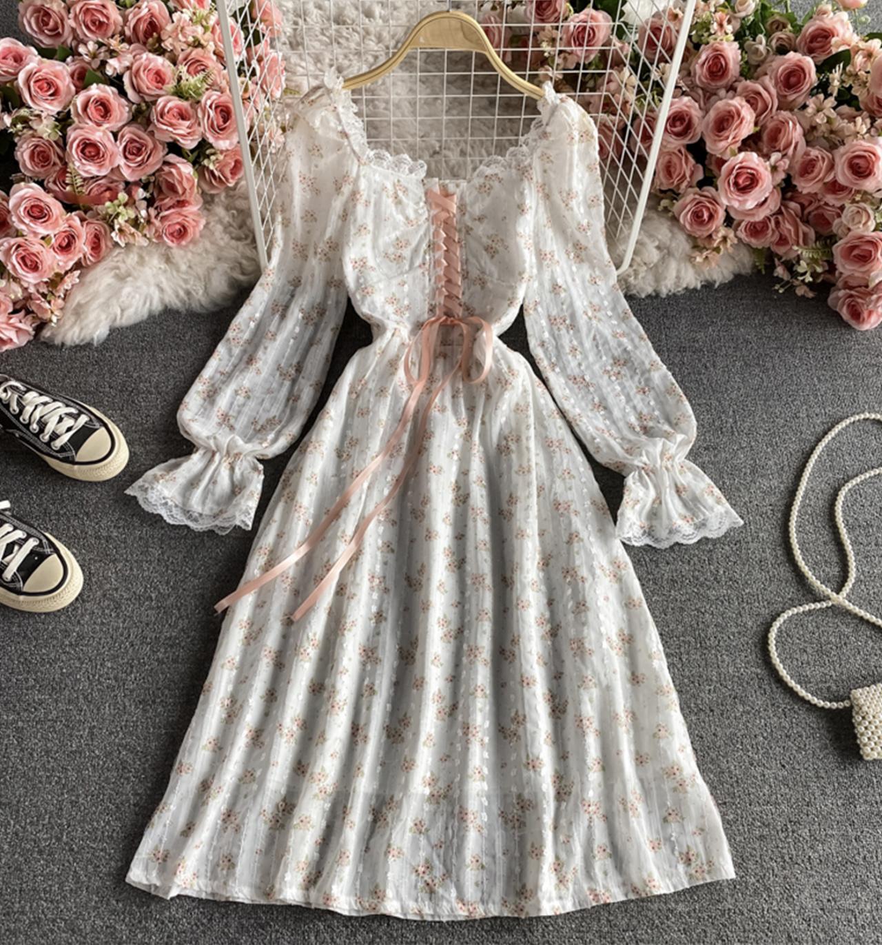 Cute A line lace short dress floral dress