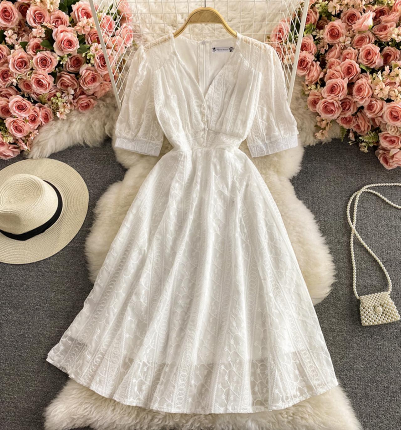 White A Line V Neck Short Dress Lace Dress