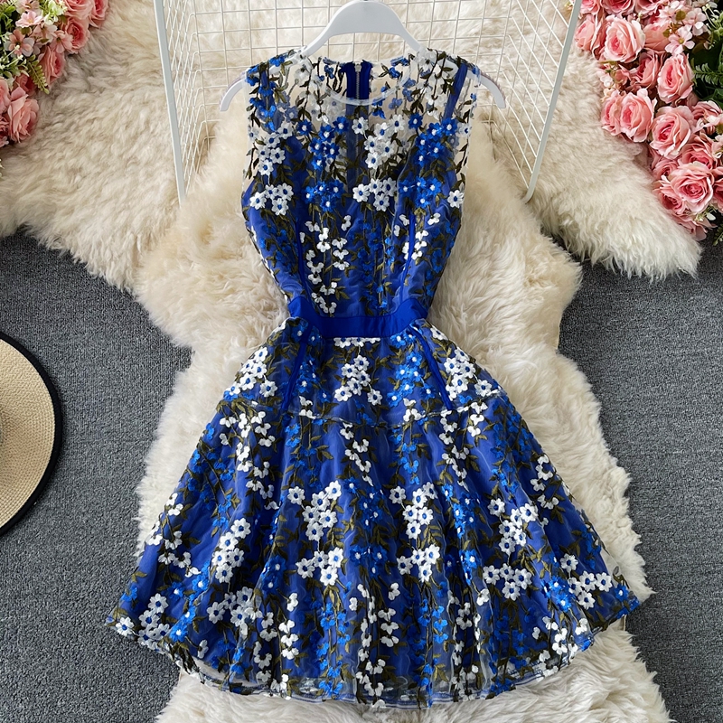 Blue lace applique short dress fashion dress