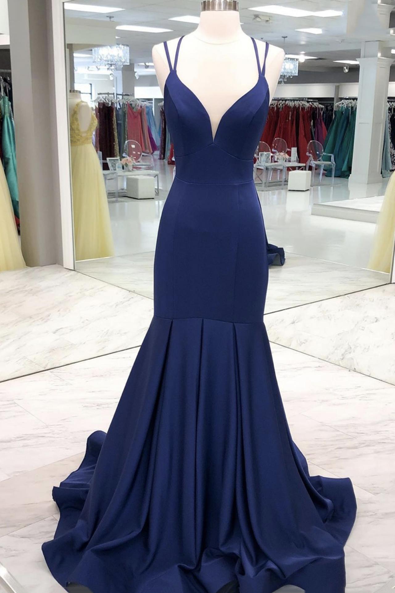 Blue Satin Long Prom Dress Mermaid Evening Dress