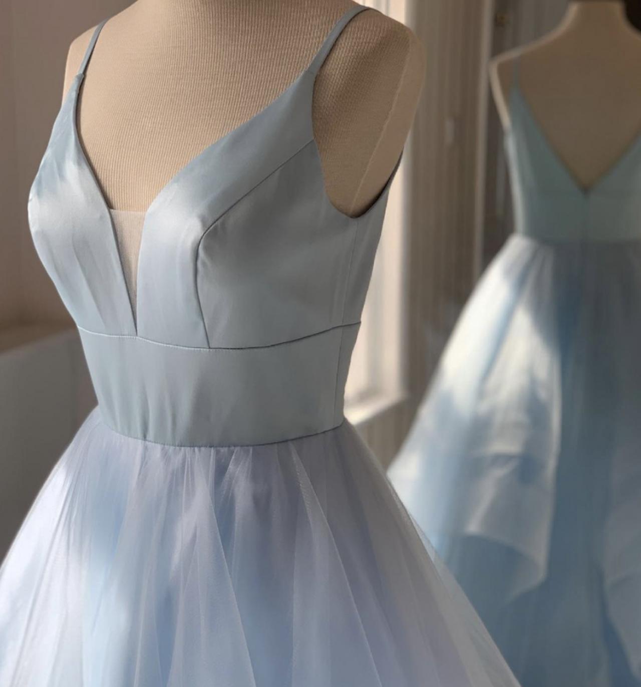 Blue V Neck Tulle Long Prom Dress Blue Evening Dress