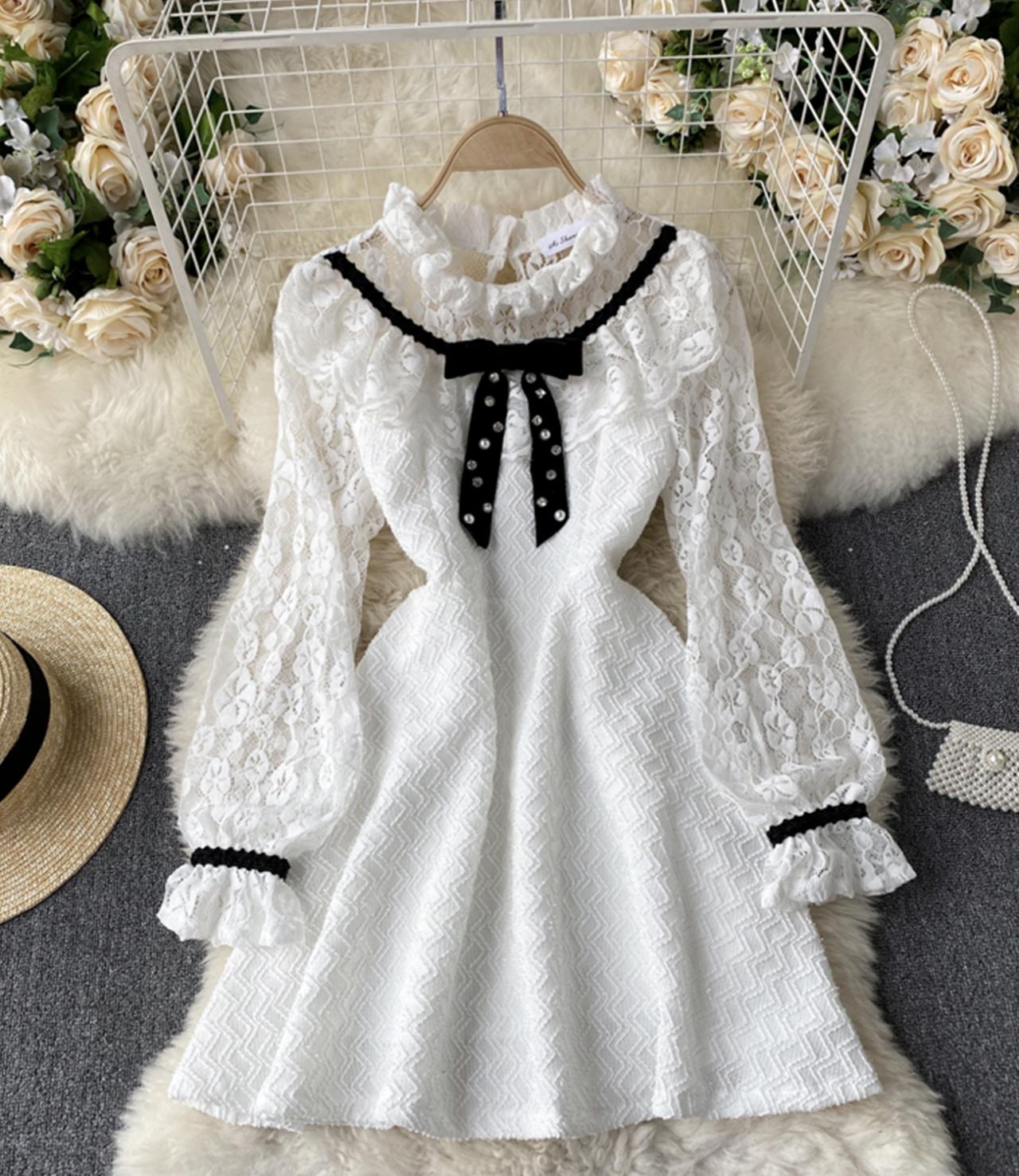 Cute A line lace dress long sleeve dress