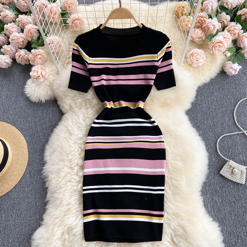 The Trendy Design Sense Contrast Color Striped Slim Short Knit Bag Hip Skirt Dress Women