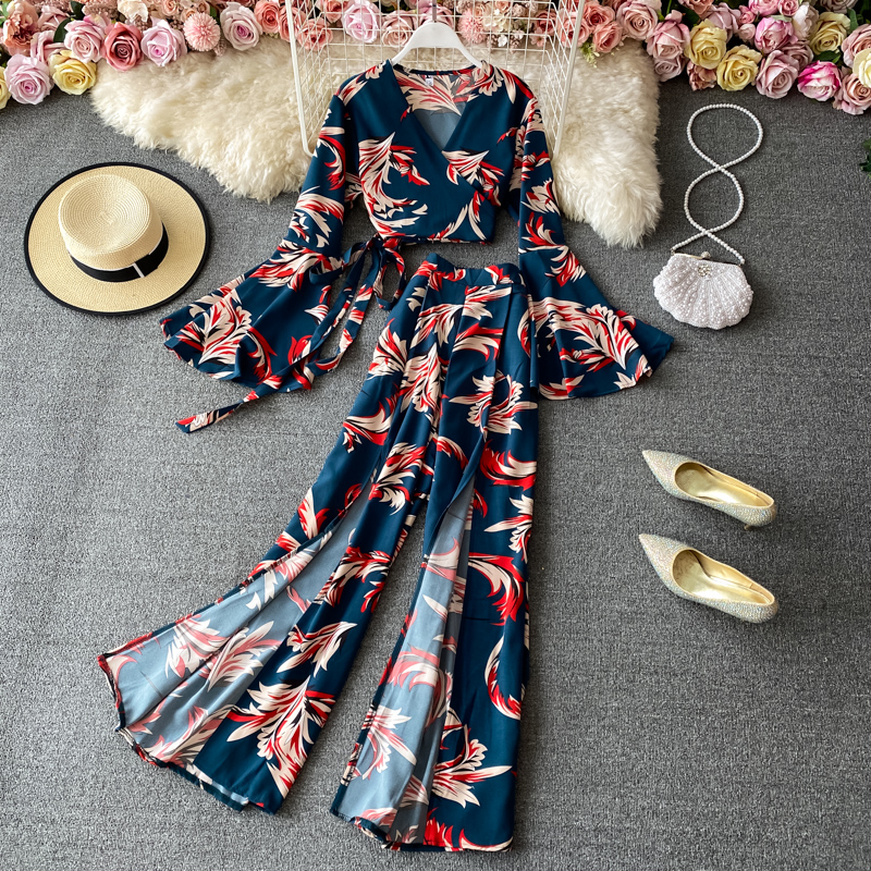 Fashion V-neck Temperament Short Printed Top With Flared Sleeve Two-piece High Waist Wide Leg Pants Split Long Pants