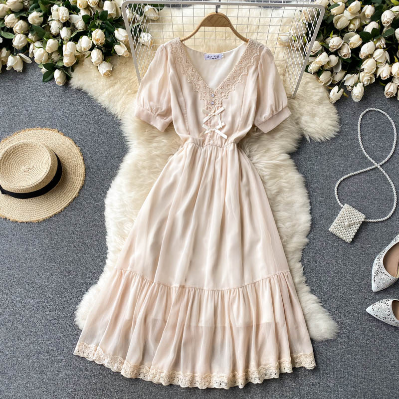 Sweet Lace V-neck Slim Mid-length French Gentle Chiffon Dress