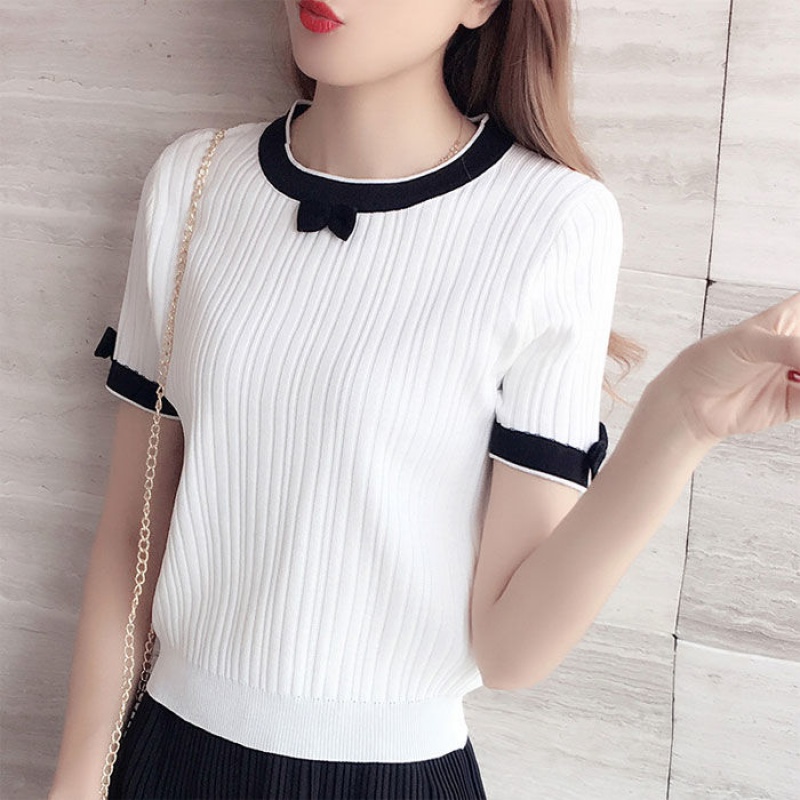 Cute Round Neck Short-sleeved Bow T-shirt