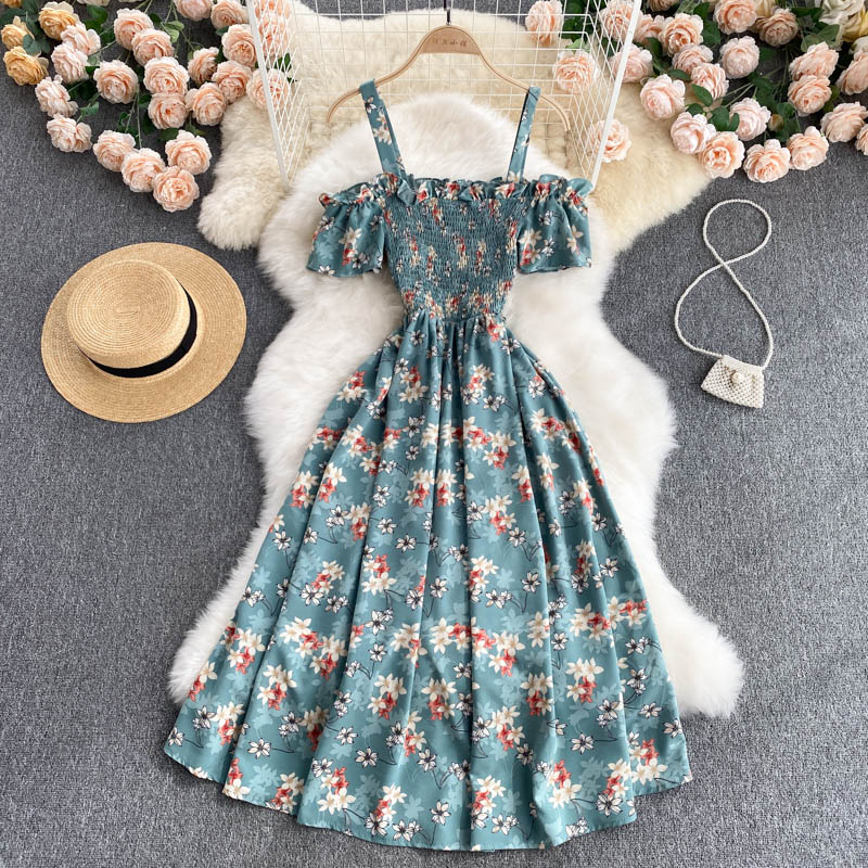 Cute A line off shoulder short dress floral fashion dress